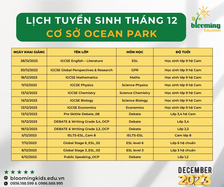 [CƠ SỞ OCEAN PARK] THÔNG BÁO LỊCH KHAI GIẢNG THÁNG 12/2023