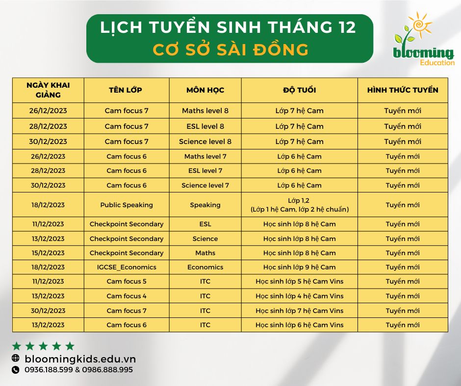 [CƠ SỞ SÀI ĐỒNG] THÔNG BÁO LỊCH KHAI GIẢNG THÁNG 12/2023